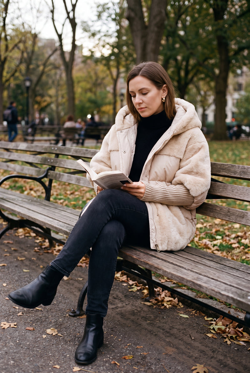 Women's Hooded Coat Tailored Fit in Apricot — lifestyle city bench
