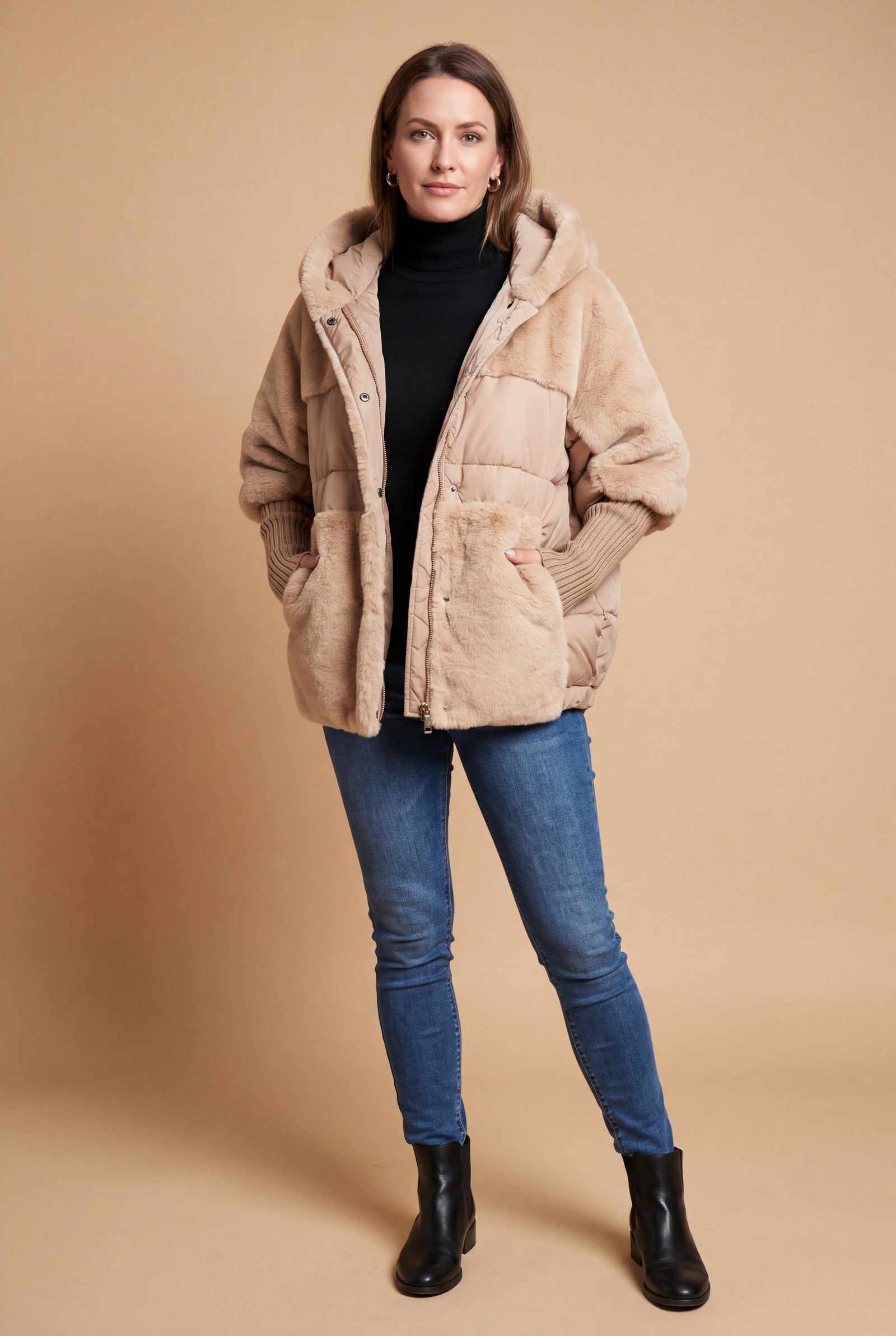 Women's Hooded Coat Tailored Fit in Apricot — studio front
