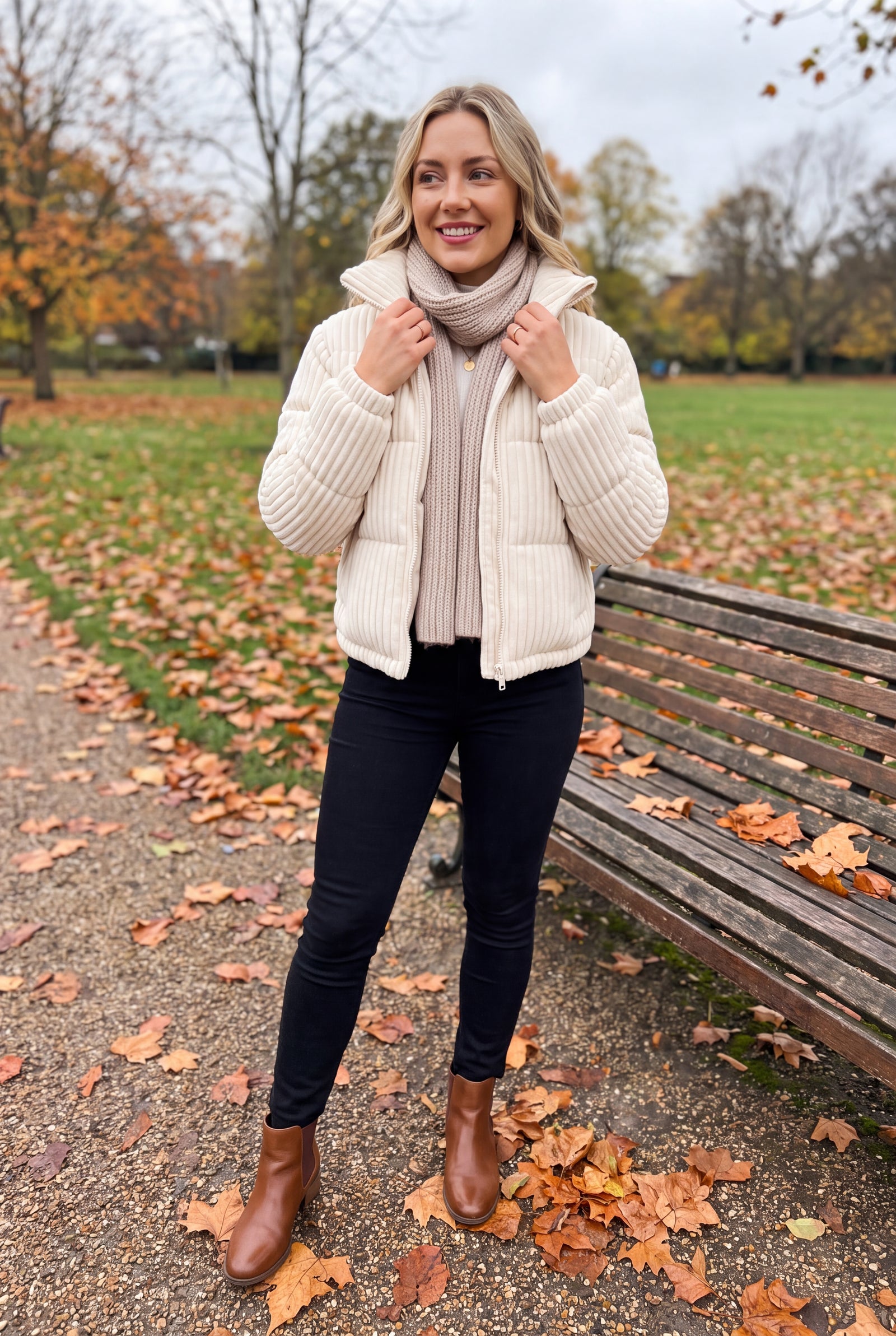 Women's Puffer Jacket Tailored Fit in Apricot — ugc friend snapshot