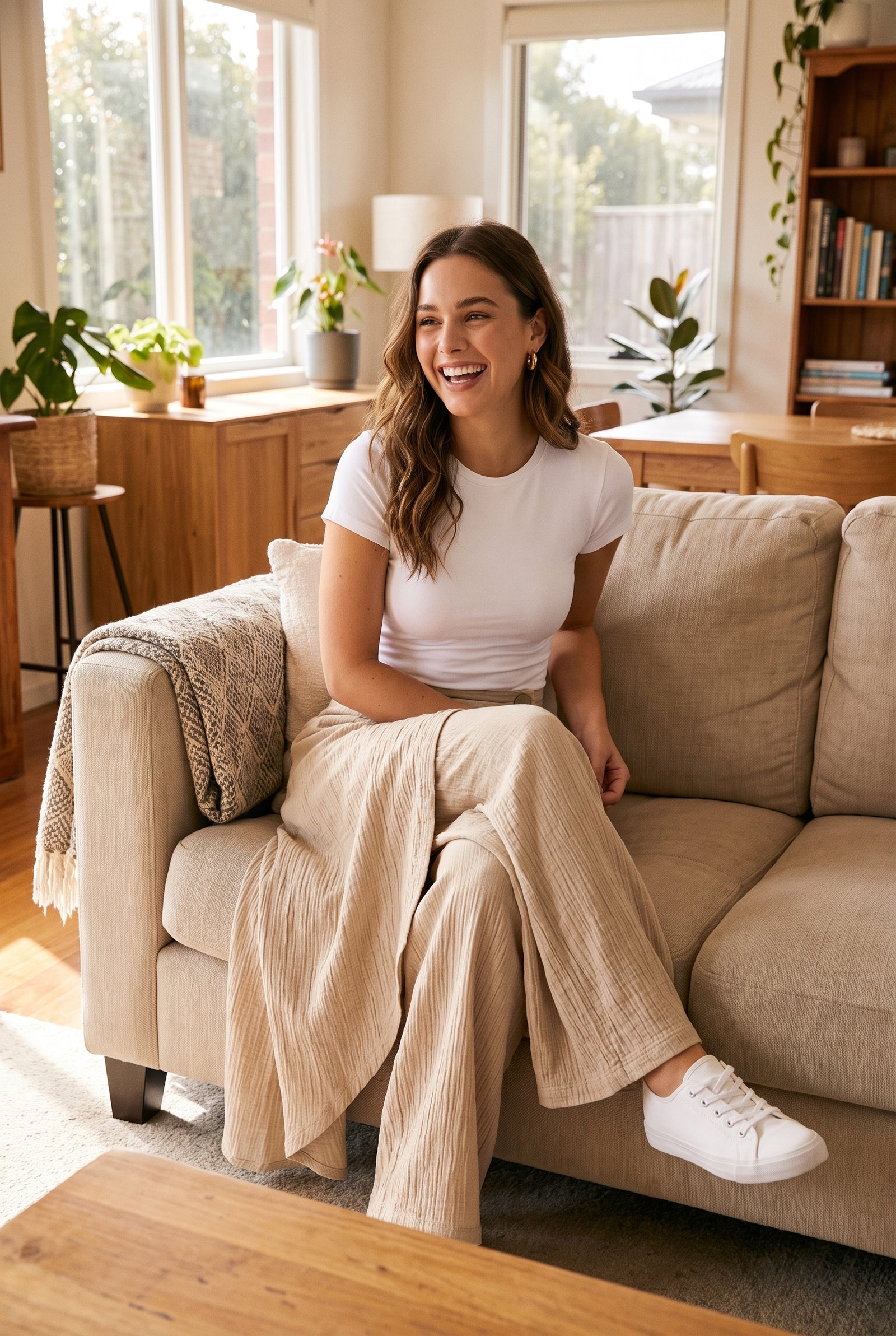 Women's Wide Leg Pants Side Button in Apricot — home lounge