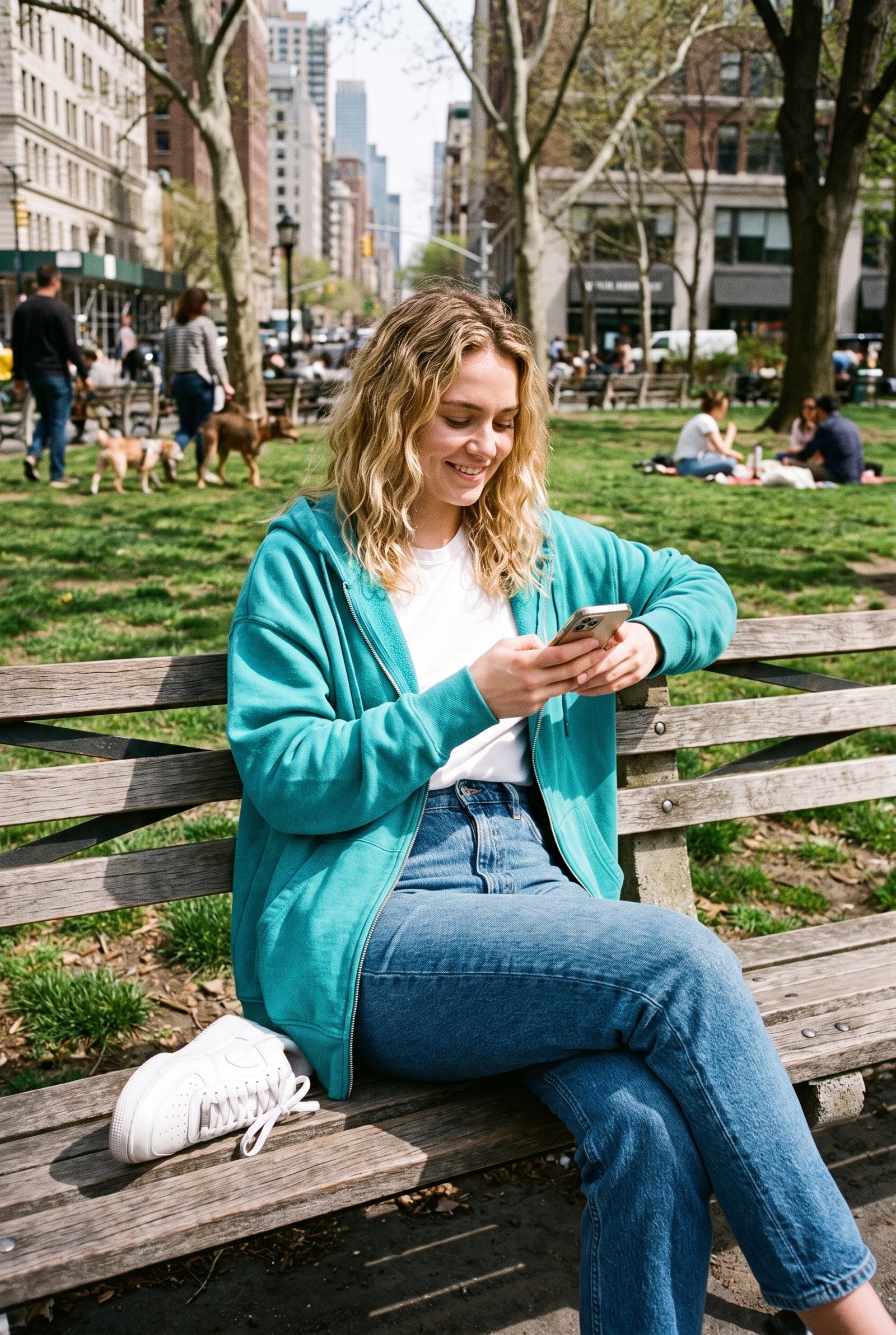 Women's Hoodie Oversized Zipper in Aqua — park bench shot
