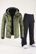 Insulated Snow Suit with Hood in Army Green and Black — studio front
