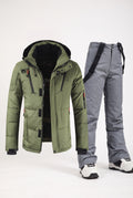 Insulated Snow Suit with Hood in Army Green and Gray — studio front
