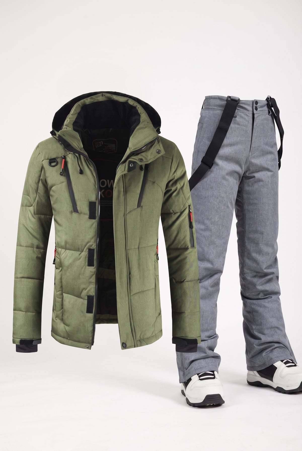 Insulated Snow Suit with Hood in Army Green and Gray — studio front