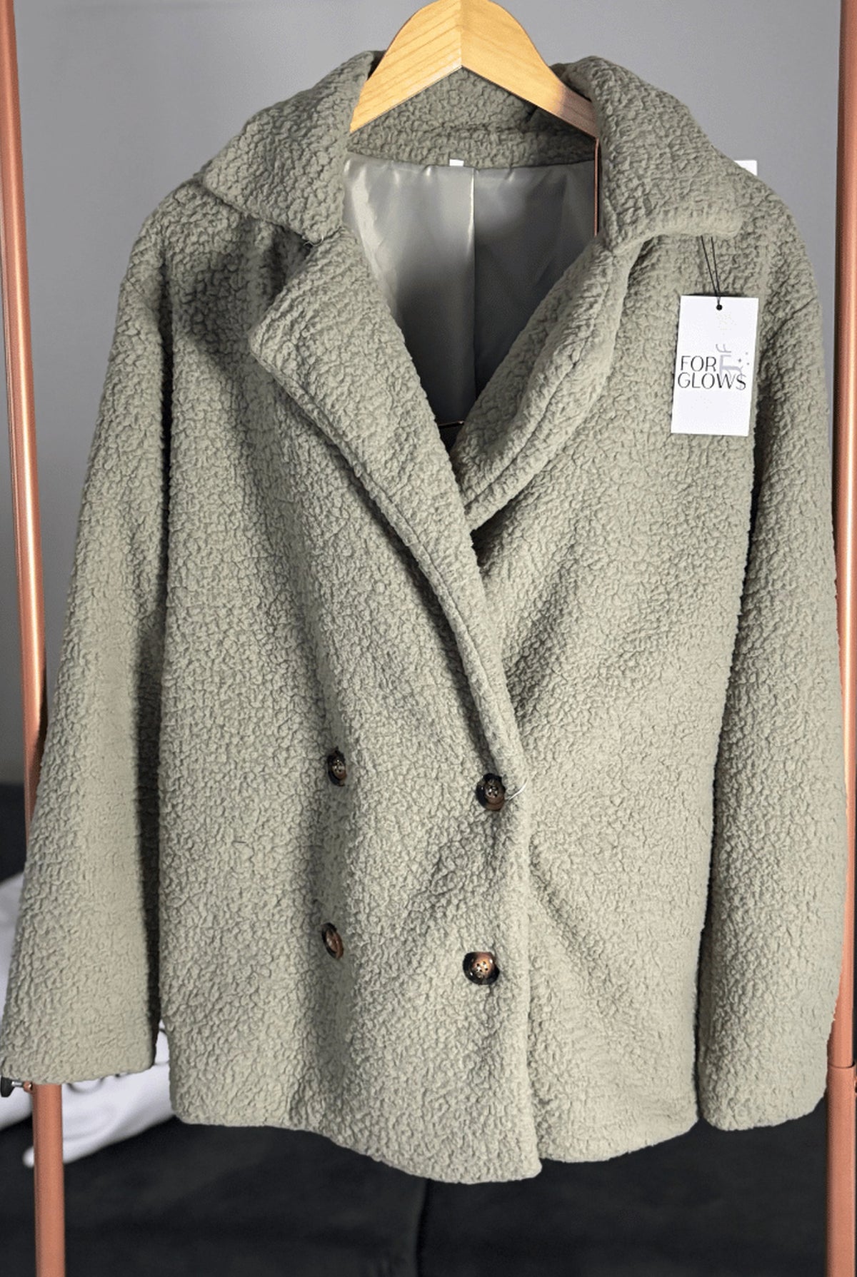 Double-Breasted Teddy Pea Coat in Army Green — front view