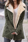 Faux-Shearling Button-Front Coat in Army Green — studio front