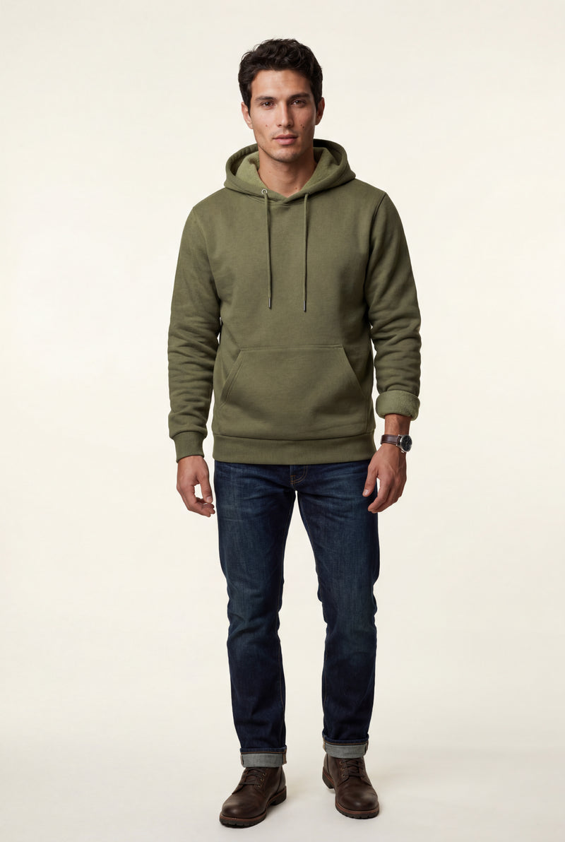 Army Green Lined Regular Fit Pullover Pocket Hoodie - Fleece lined hoodie - Photo 1