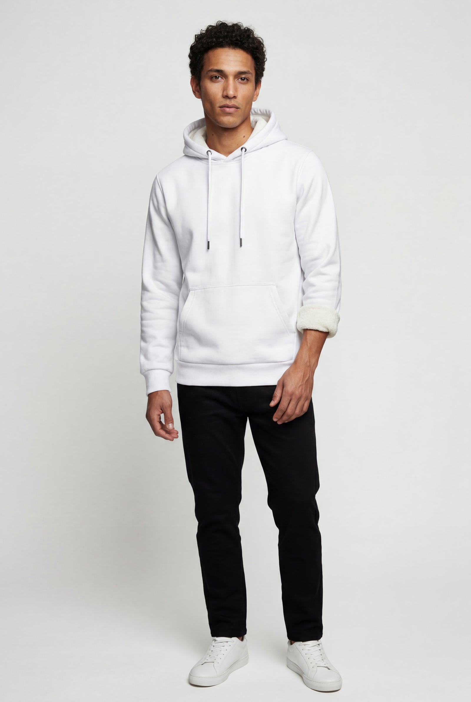White Lined Regular Fit Pullover Pocket Hoodie - Fleece lined hoodie - Photo 48