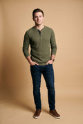 Men's Henley Shirt Long Sleeve Button Placket in Army Green — studio front