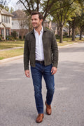 Men's Jacket Classic Fitted Zipper in Army Green — ugc candid snapshot