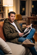 Men's Trench Coat Hooded Long in Army Green — home moment