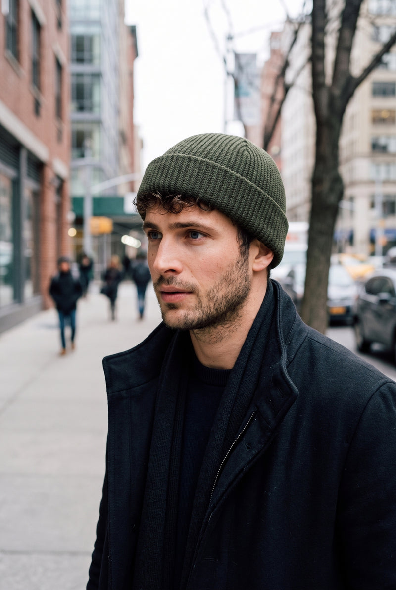Ribbed Knit Dome Beanie in Army Green — lifestyle