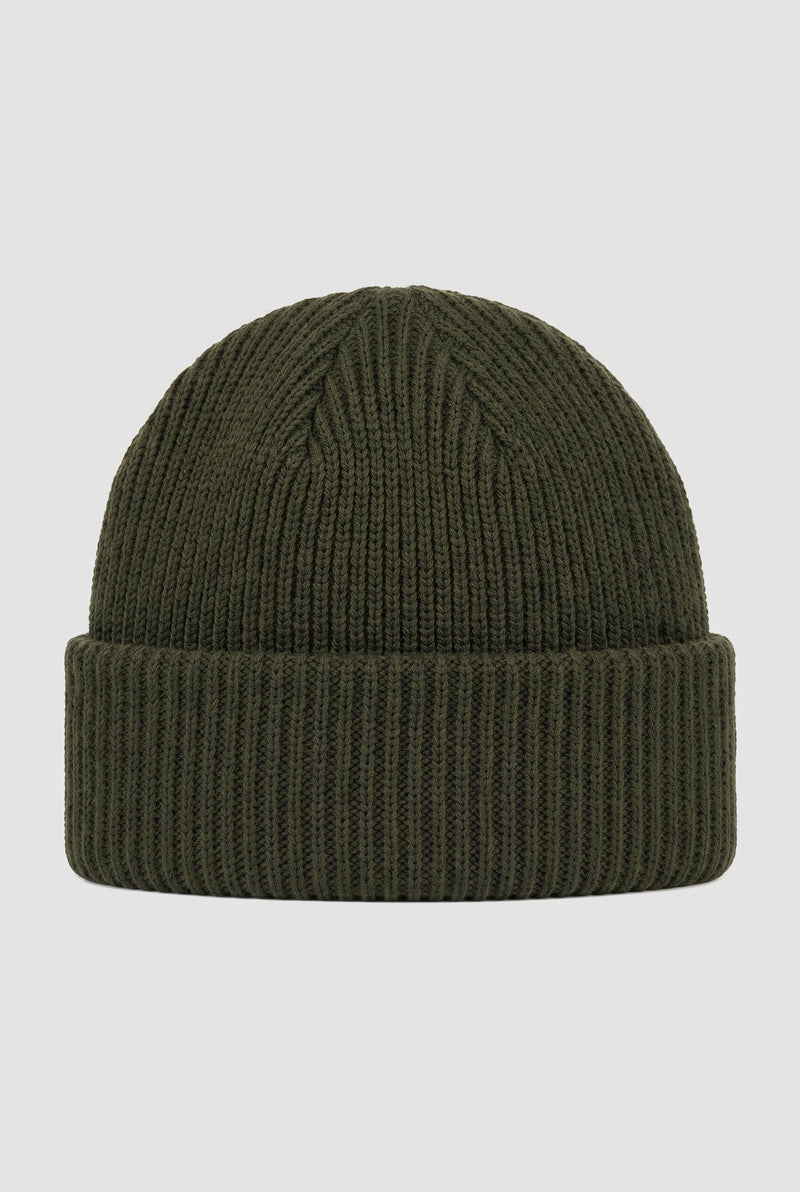 Ribbed Knit Dome Beanie in Army Green — studio front