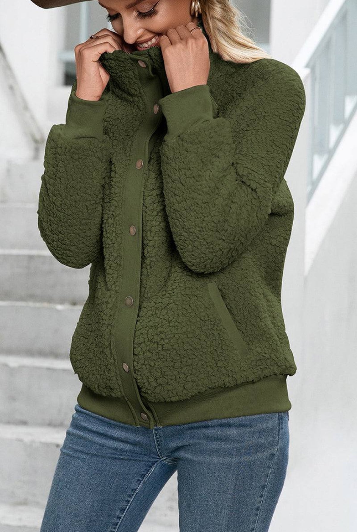 Sherpa Snap-Front Bomber Jacket in Army Green — detail