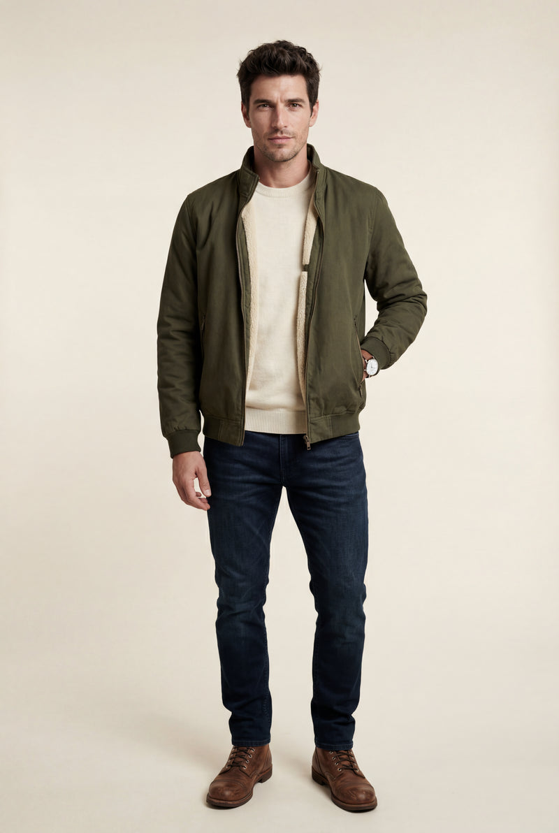 Army Green Stand Collar Zip-front Classic Bomber Jacket - Photo 1