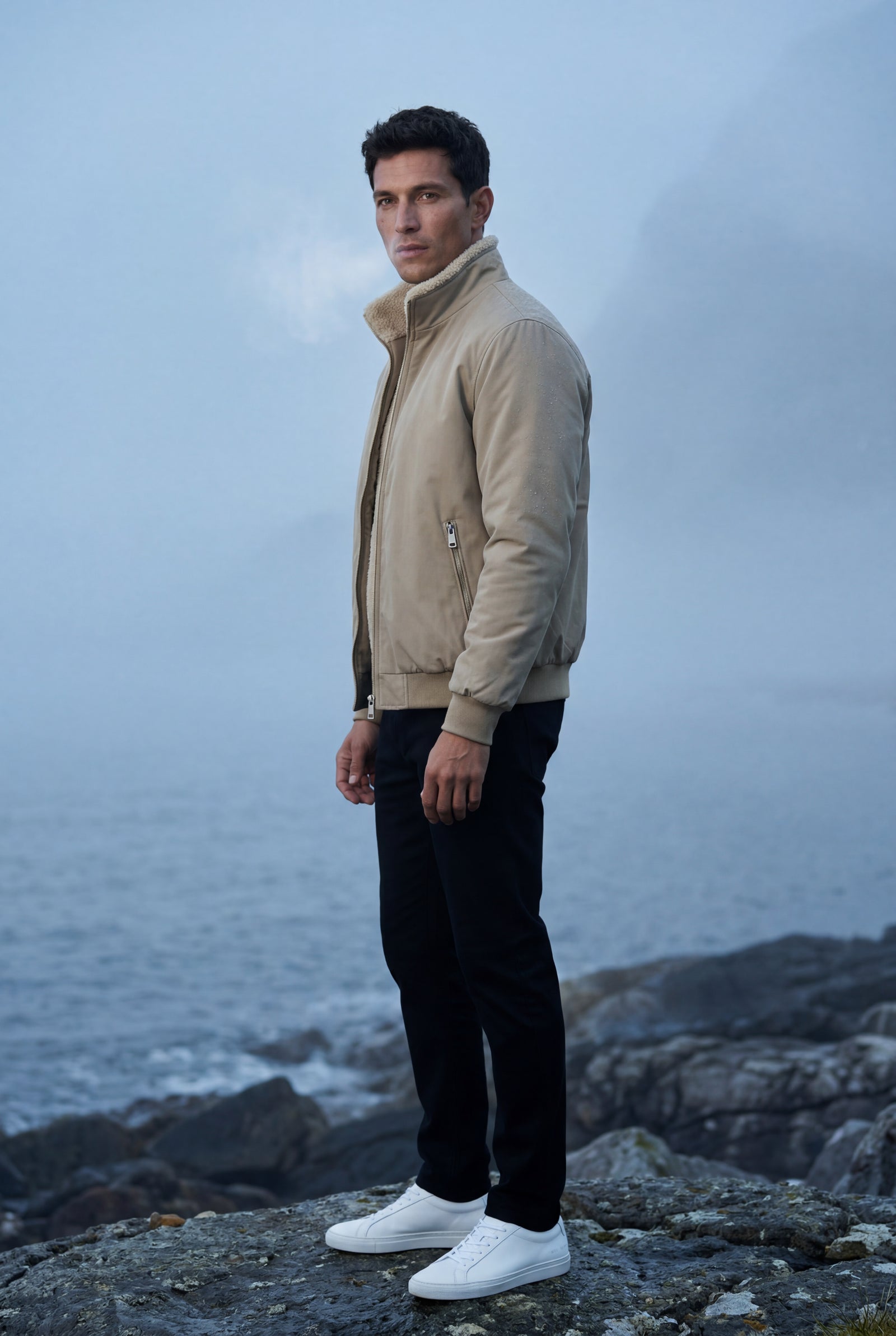Beige Stand Collar Zip-front Classic Bomber Jacket - Photo 10