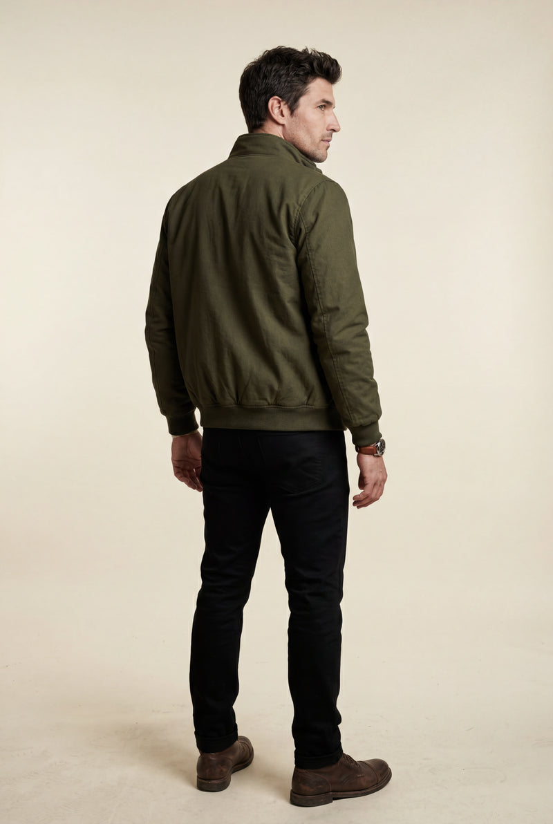 Army Green Stand Collar Zip-front Classic Bomber Jacket - Photo 4