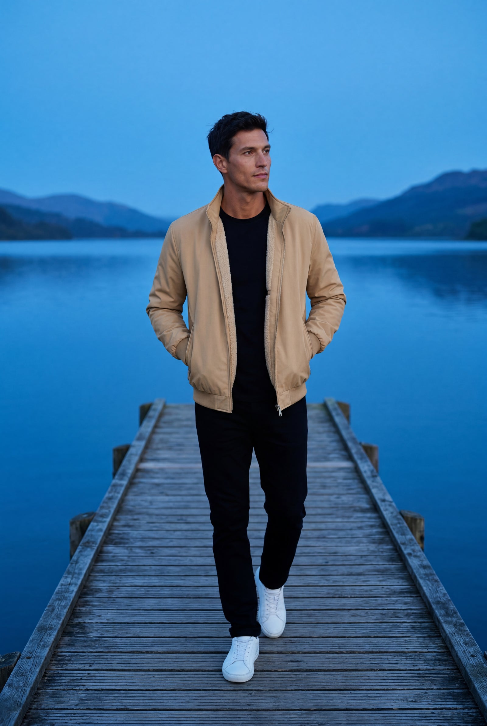 Beige Stand Collar Zip-front Classic Bomber Jacket - Photo 5