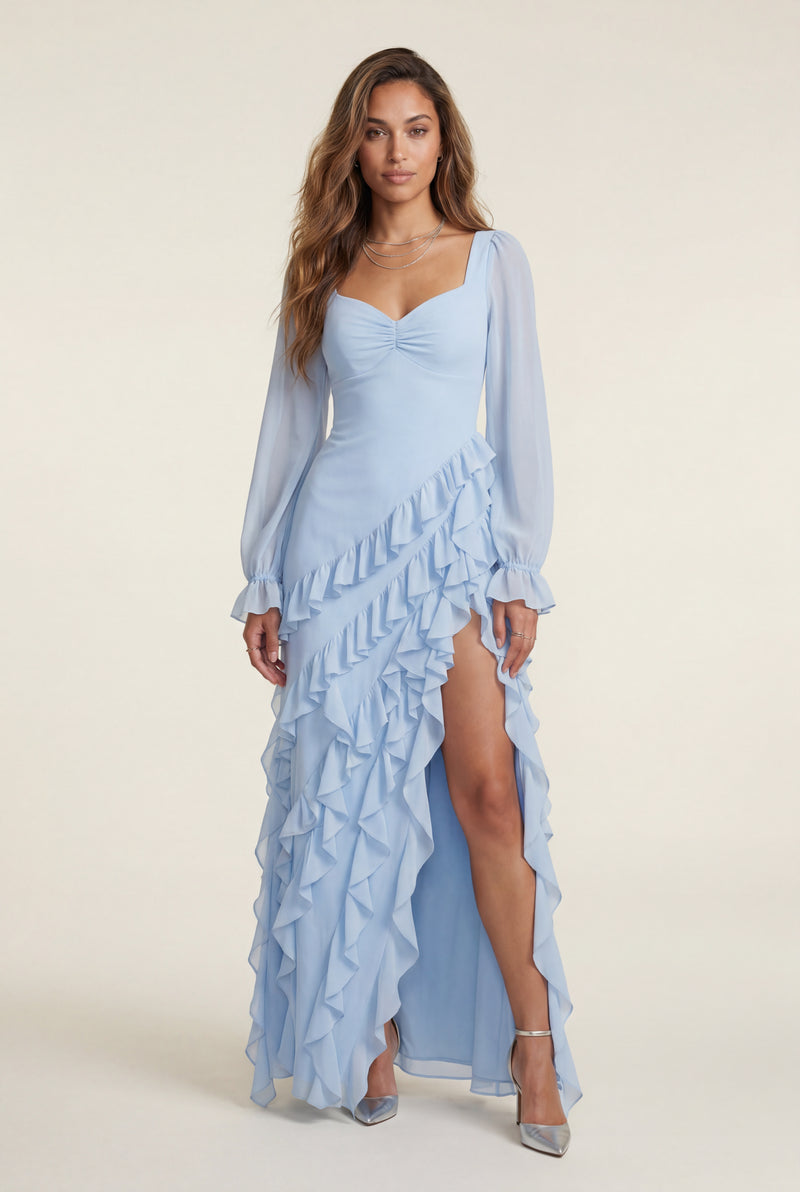Baby Blue Asymmetric Ruffle Maxi Dress with High Slit - Photo 3
