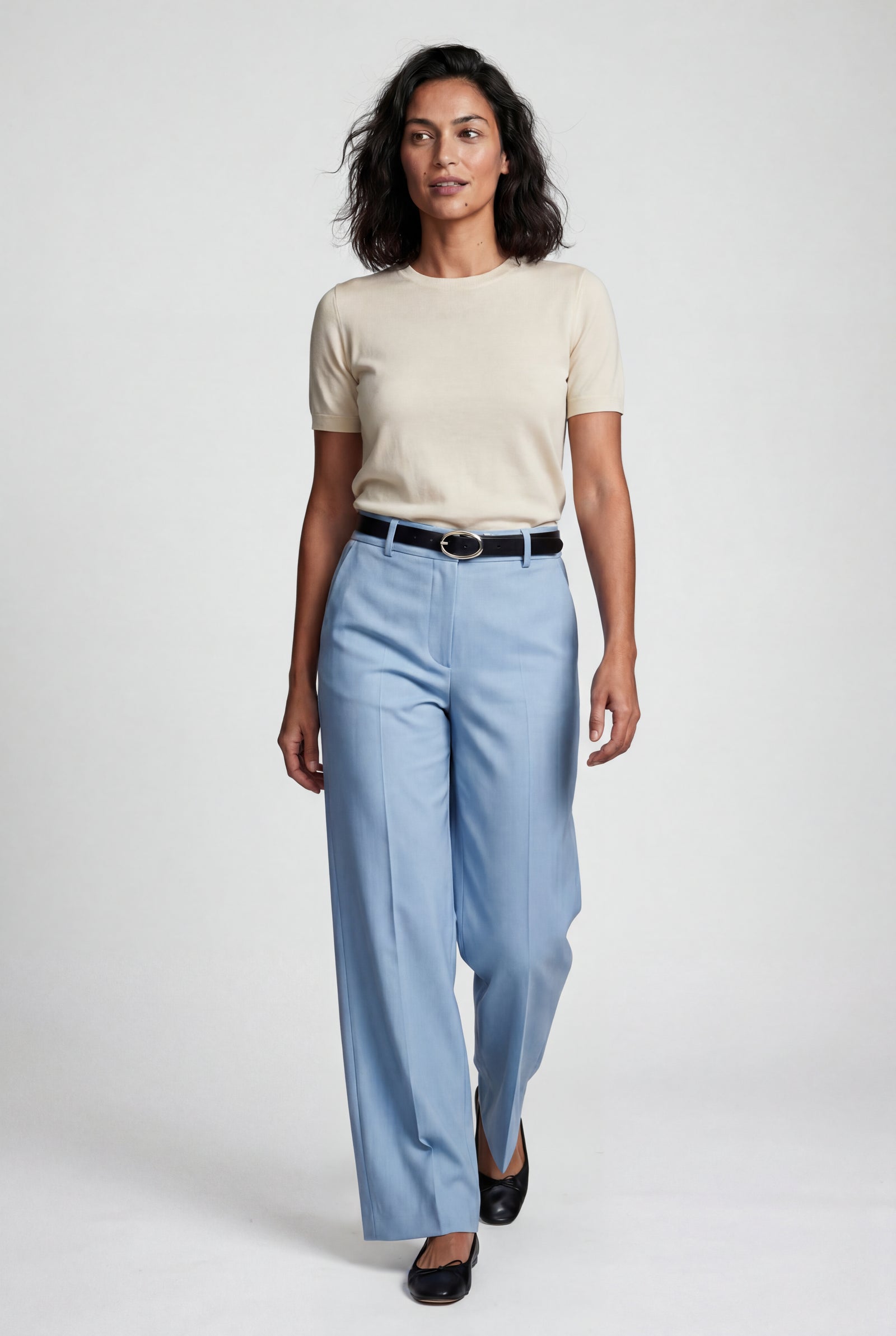 Baby Blue High-waisted Wide-leg Tailored Trousers with Belt - Wide leg trousers - Photo 8