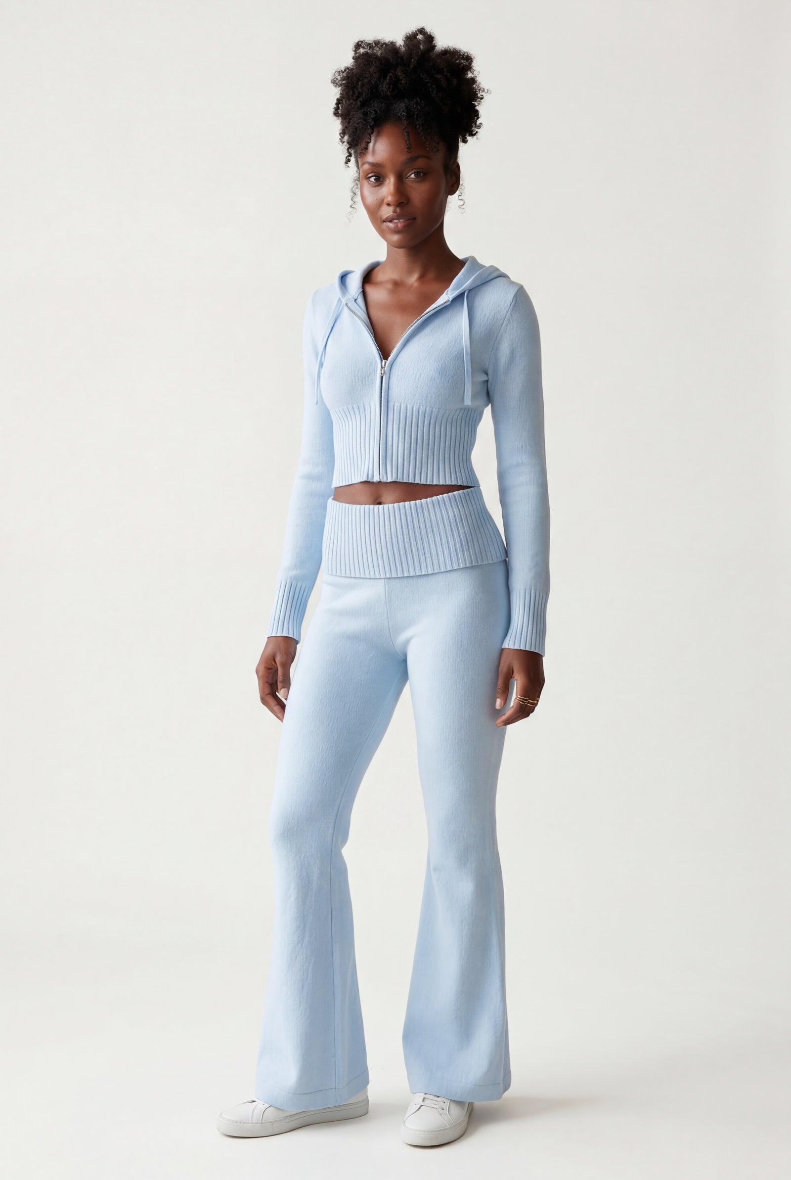 Baby Blue Ribbed Cropped Hoodie and Flared Pants Lounge Set - Cardigan and pants - Photo 4