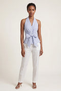 Baby Blue Striped Halter Wrap Top with Self-tie Bow Baby Blue - Wrap tops - Photo 1