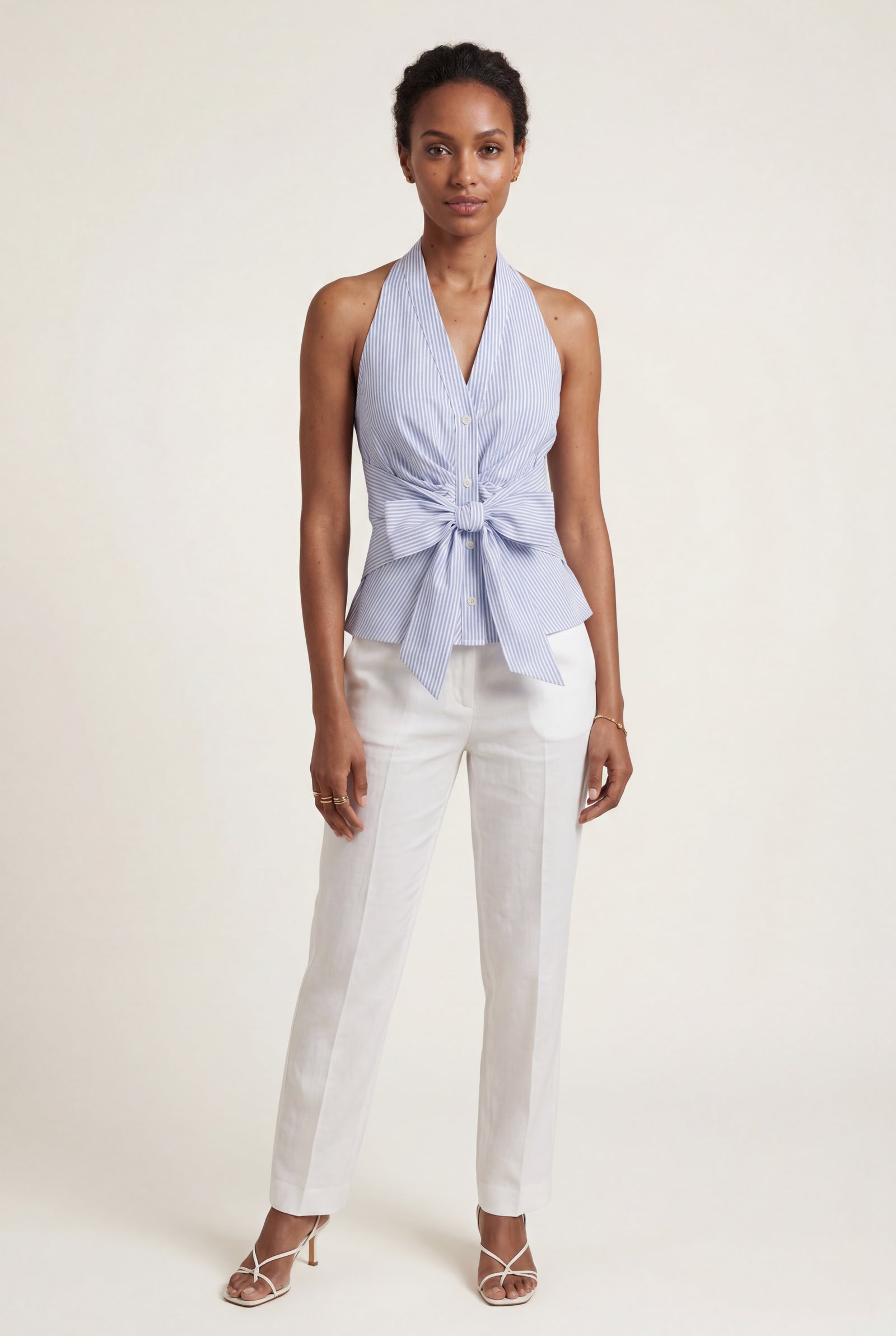 Baby Blue Striped Halter Wrap Top with Self-tie Bow Baby Blue - Wrap tops - Photo 1