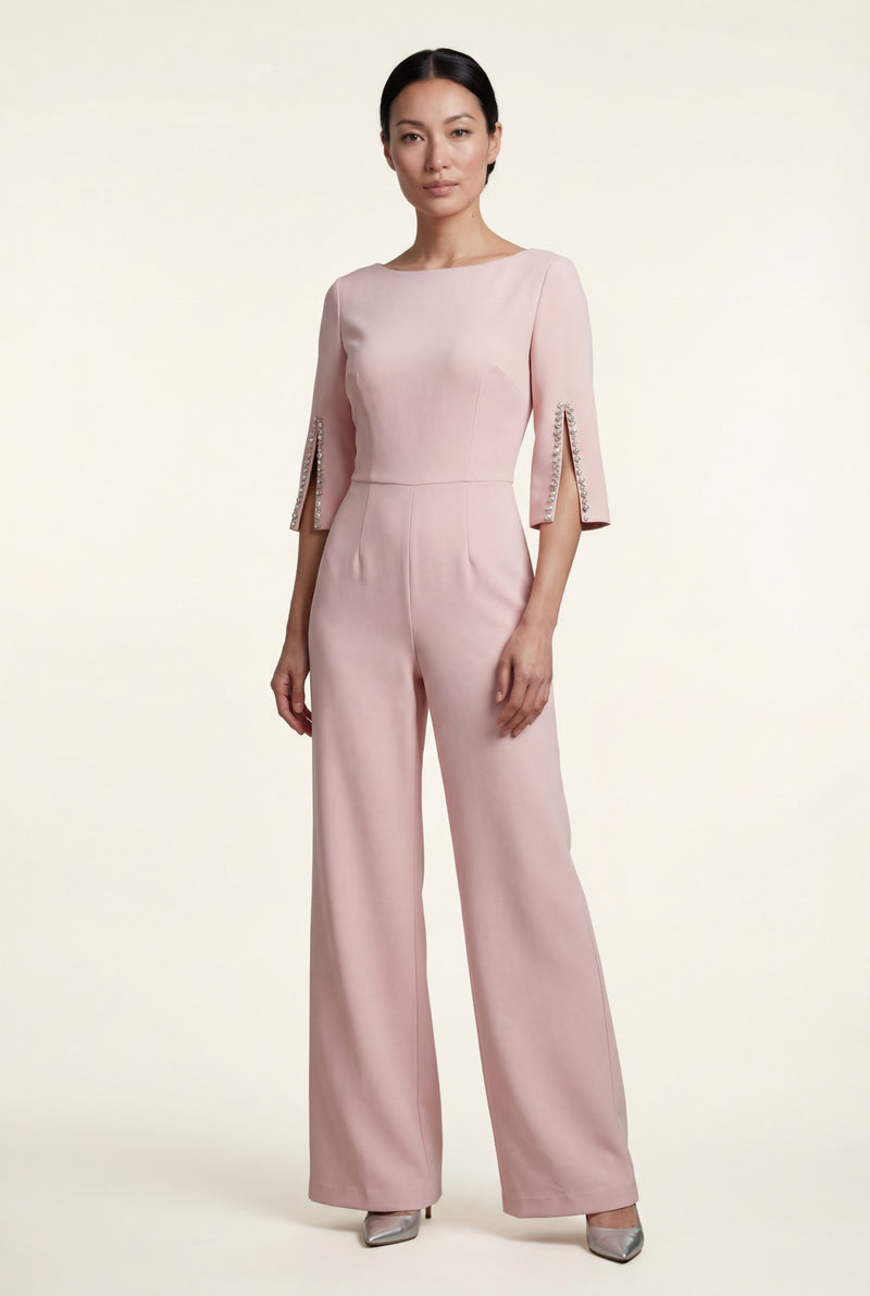 Baby Pink Beaded Sleeve Slim Fit Wide Leg Jumpsuit - Slim fit jumpsuit - Photo 1