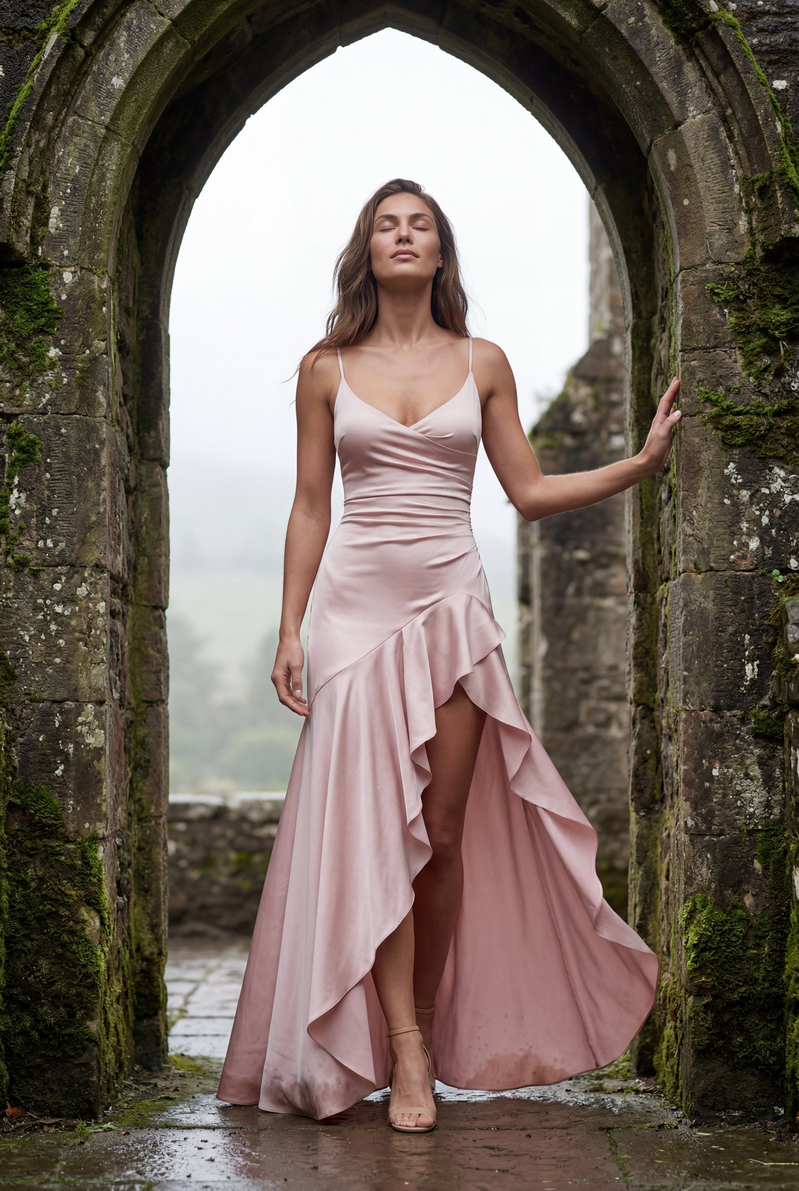 Baby Pink Cowl Neck Ruffle Evening Gown with Cross-back Straps - Photo 5