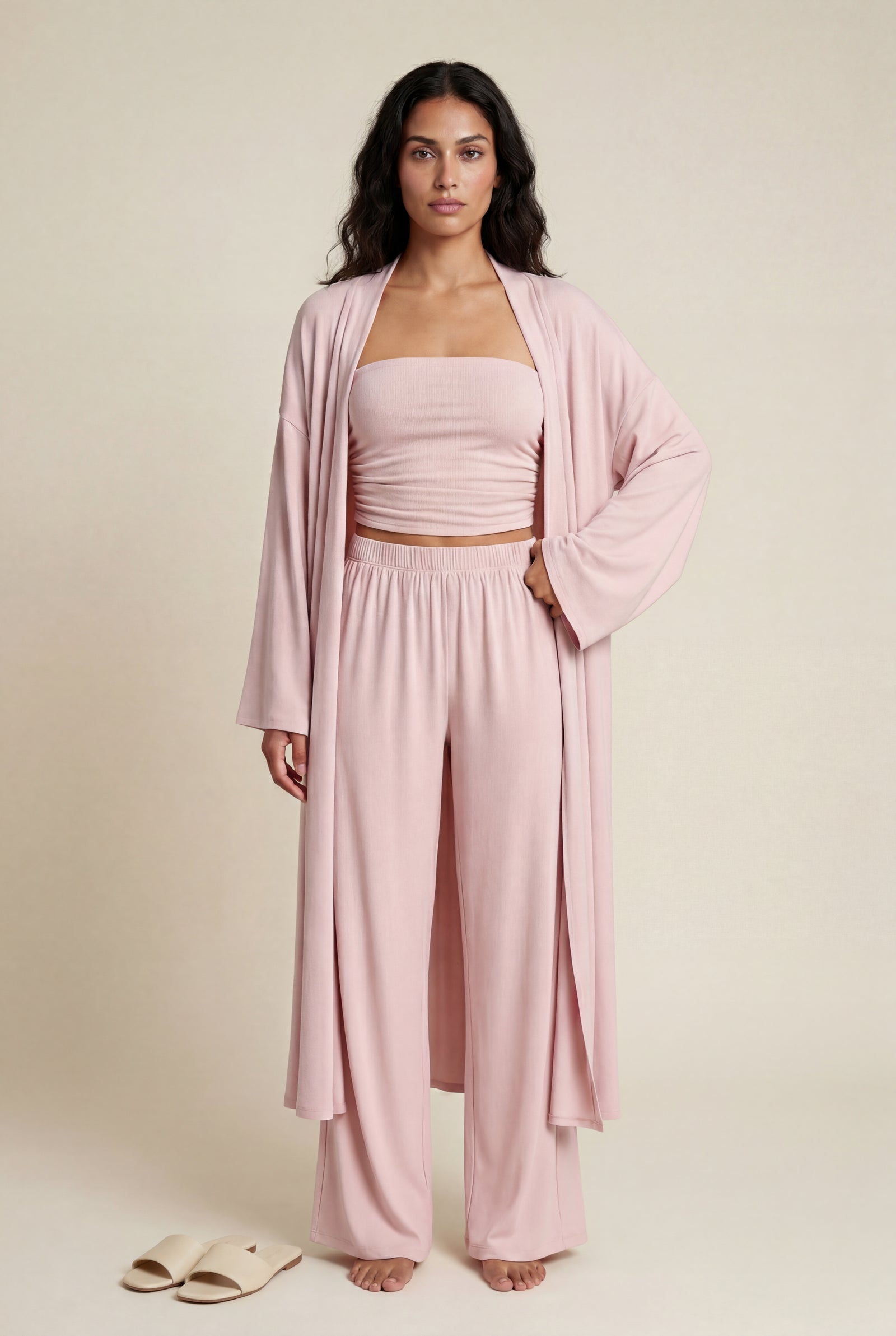 Baby Pink Drapey Three-piece Bandeau Loungewear Set with Duster Cardigan - Photo 3