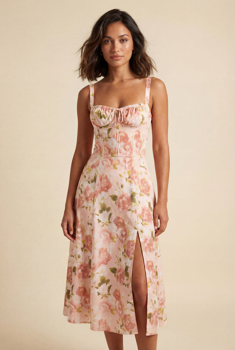Baby Pink Floral Ruched Bust A-line Sundress with Front Slit - A-line sundresses - Photo 1