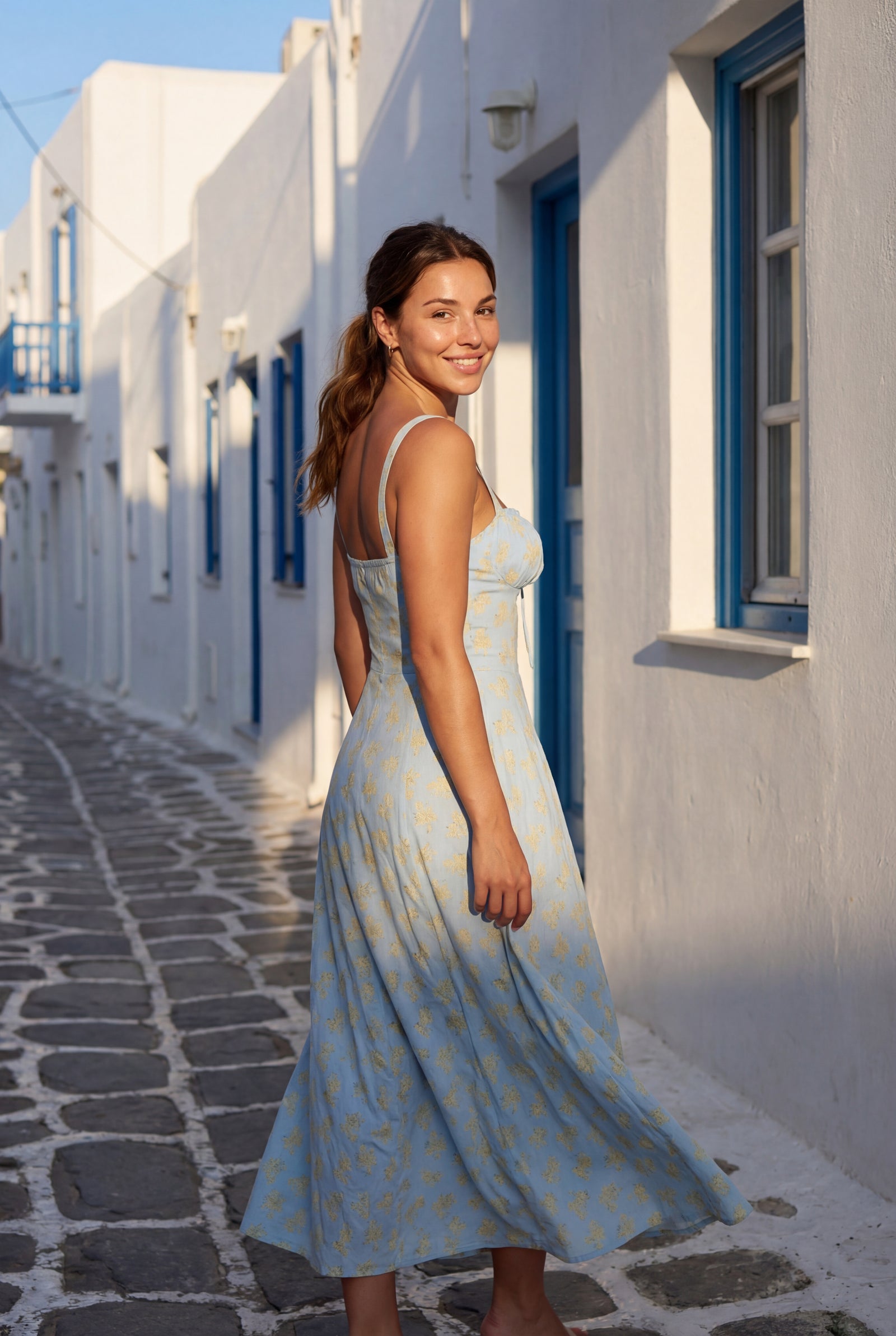 Blue Floral Ruched Bust A-line Sundress with Front Slit - A-line sundresses - Photo 11