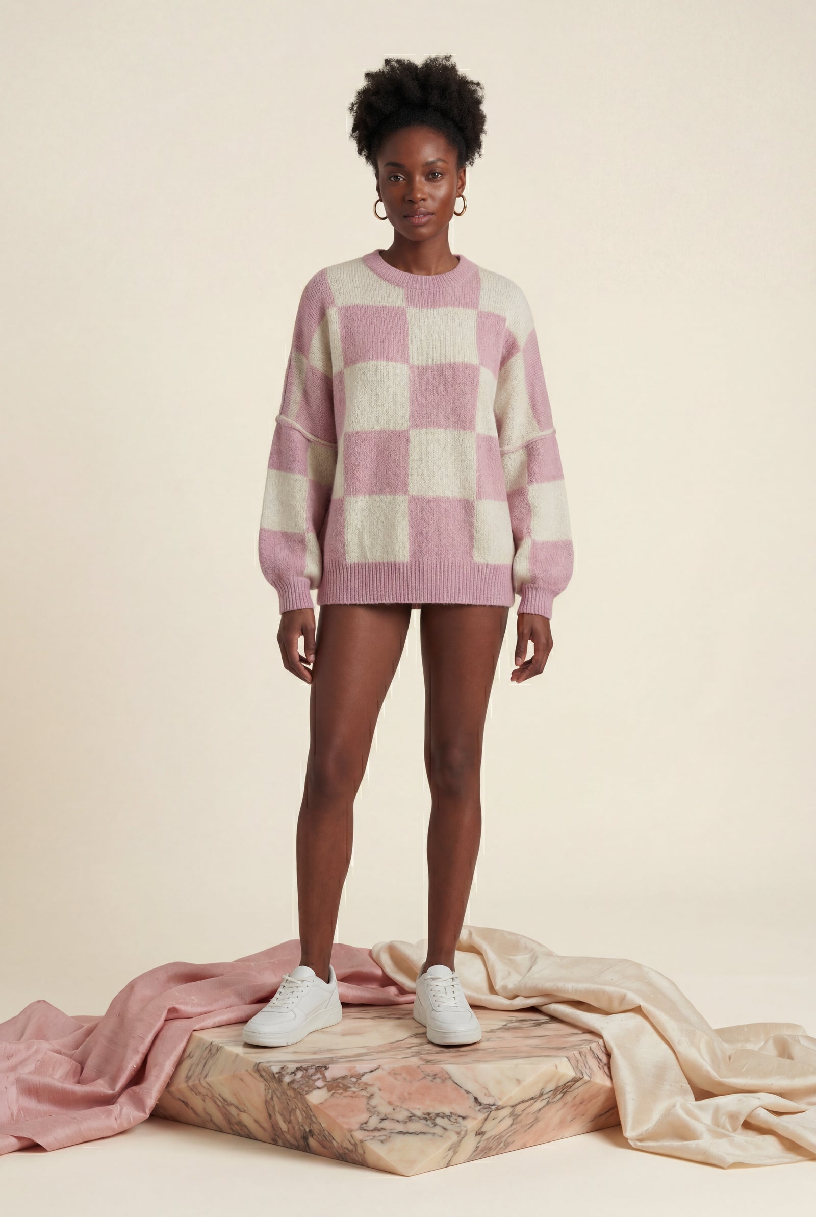 Baby Pink Oversized Checkered Crewneck Chunky Sweater - Oversized sweater - Photo 14