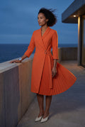 Orange Pleated Wrap Blazer Dress with Three-quarter Sleeves - Photo 10