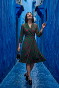 Dark Green Pleated Wrap Blazer Dress with Three-quarter Sleeves - Photo 12