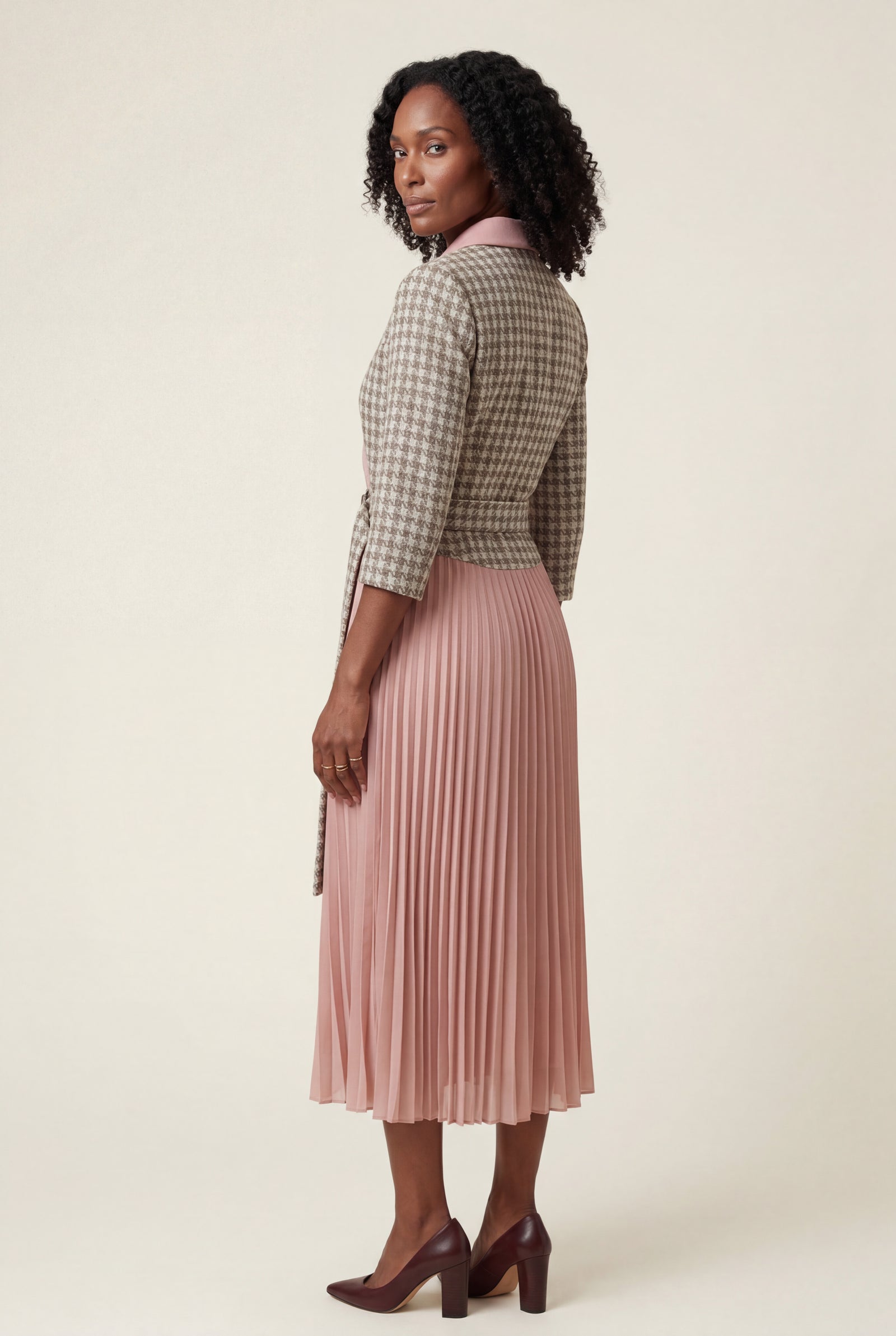 Baby Pink Pleated Wrap Blazer Dress with Three-quarter Sleeves - Photo 5