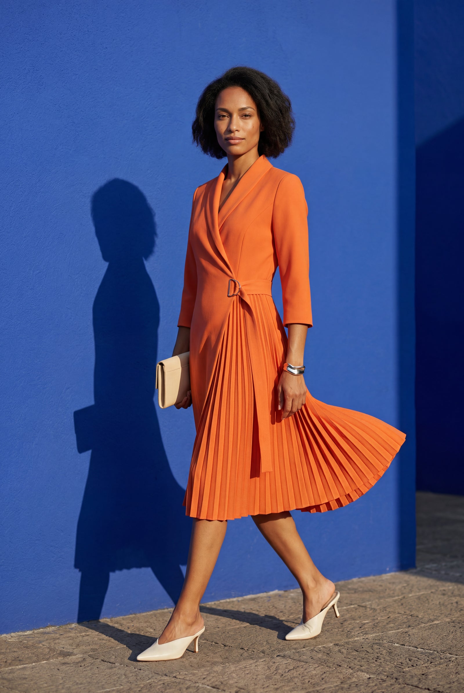 Orange Pleated Wrap Blazer Dress with Three-quarter Sleeves - Photo 6