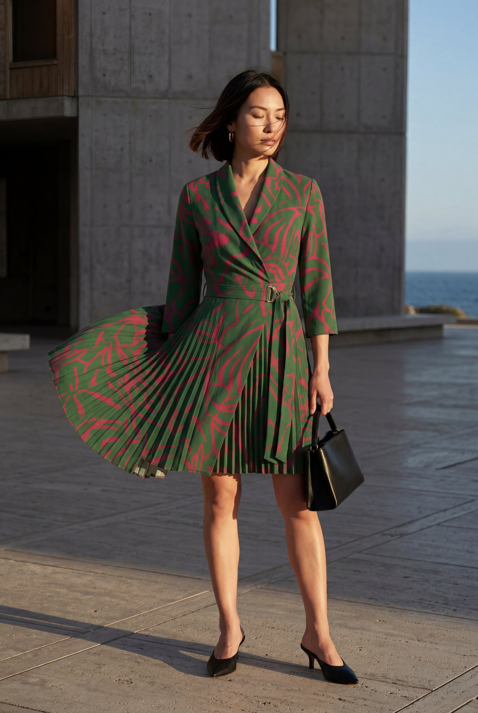 Dark Green Pleated Wrap Blazer Dress with Three-quarter Sleeves - Photo 8