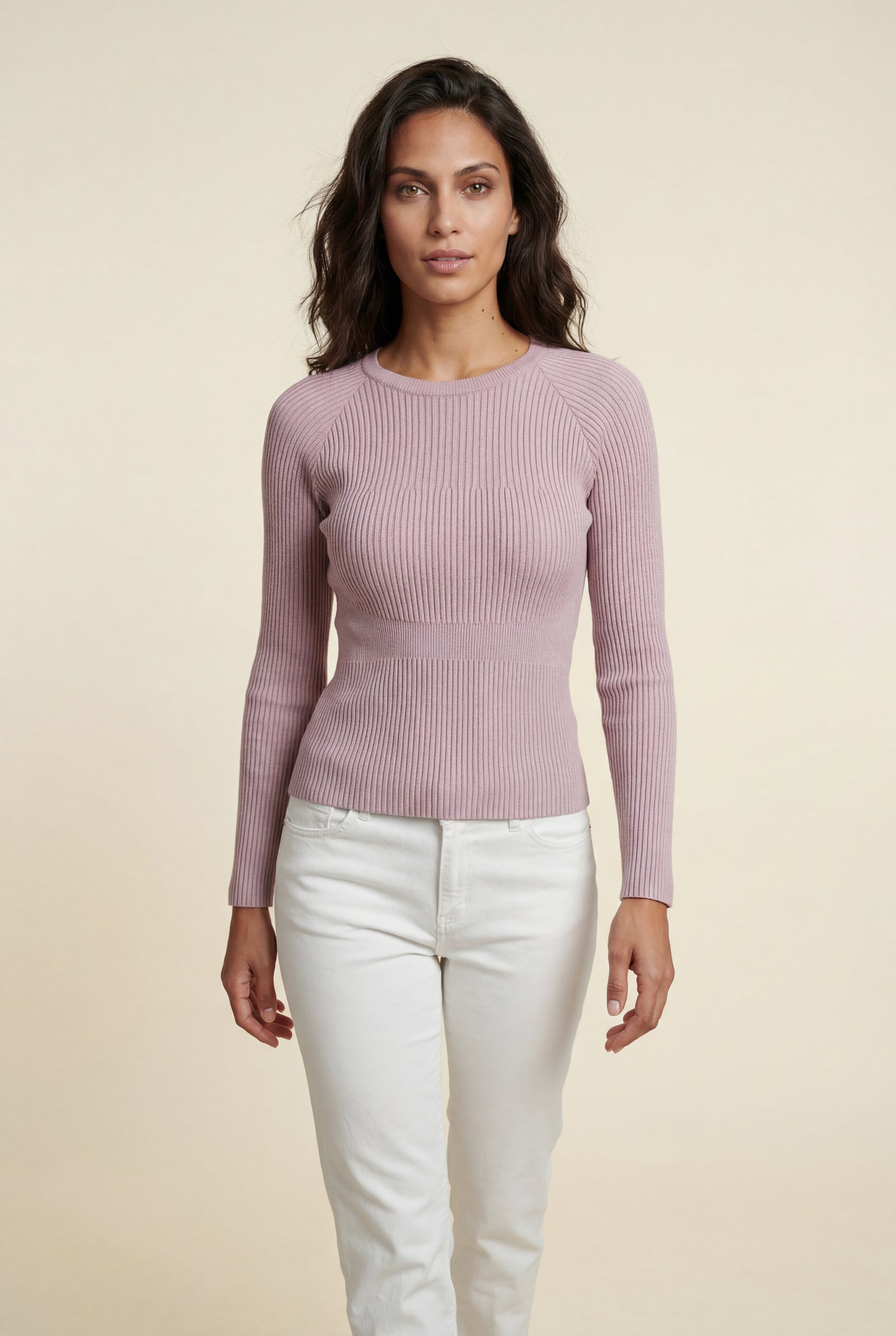 Baby Pink Ribbed Fitted Crew Neck Long Sleeve Top - Fitted tops - Photo 3