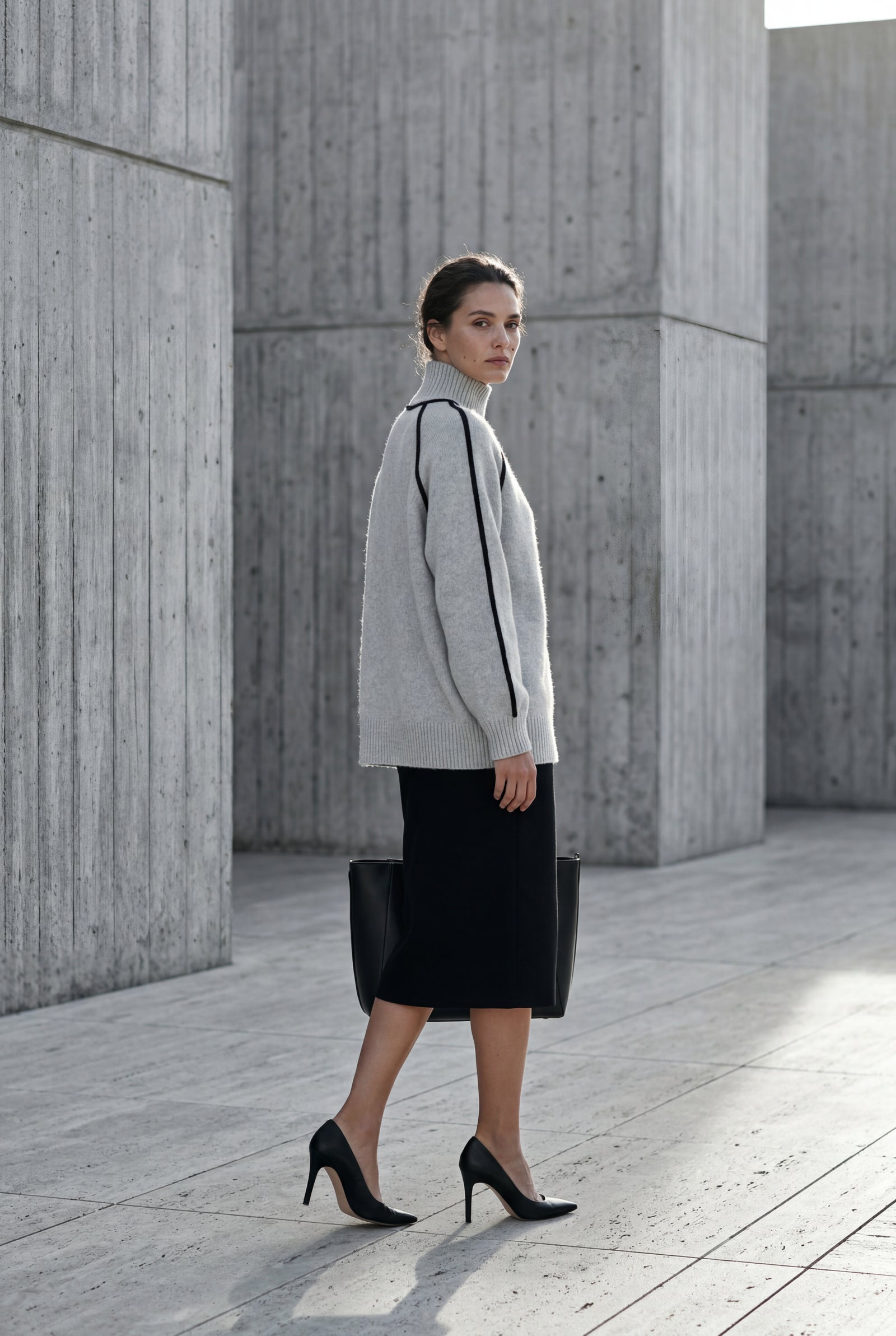 Gray Balloon Sleeve Oversized High Neck Sweater with Piping - Oversized sweater - Photo 20