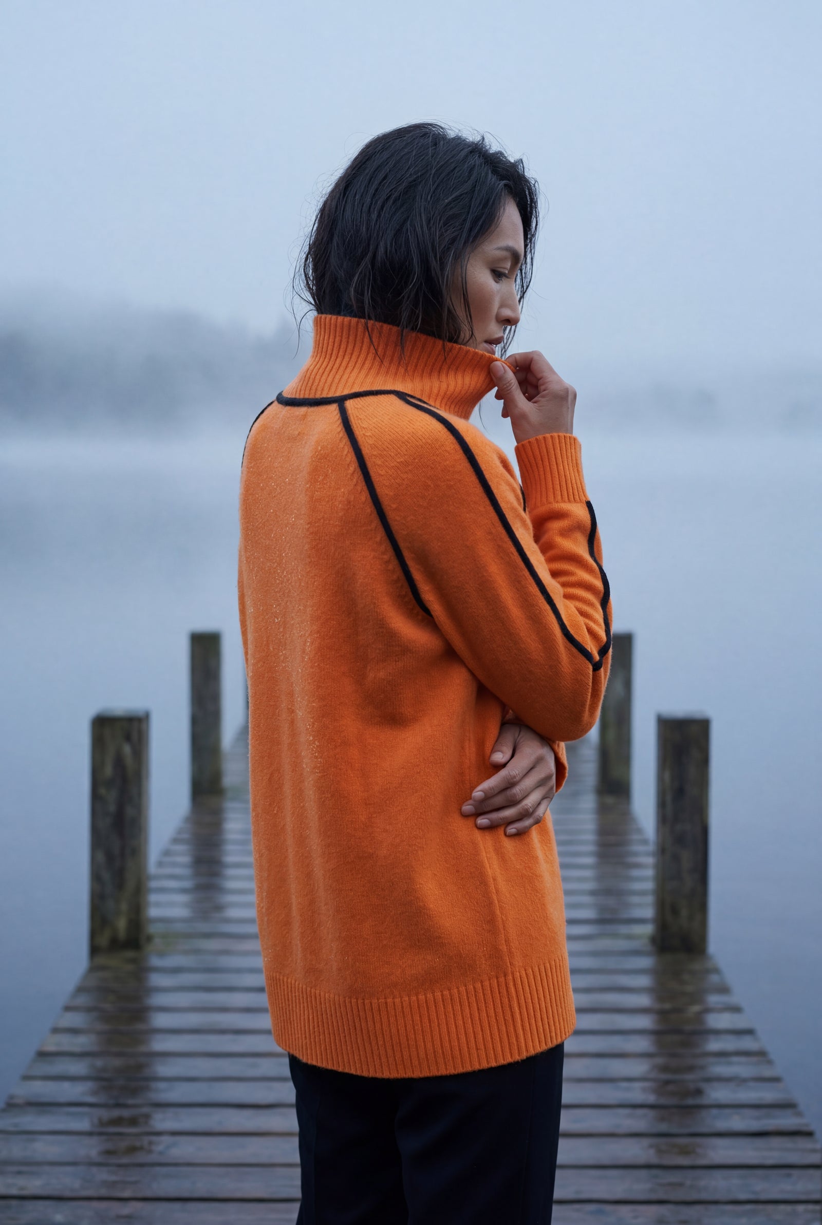 Orange Balloon Sleeve Oversized High Neck Sweater with Piping - Oversized sweater - Photo 5