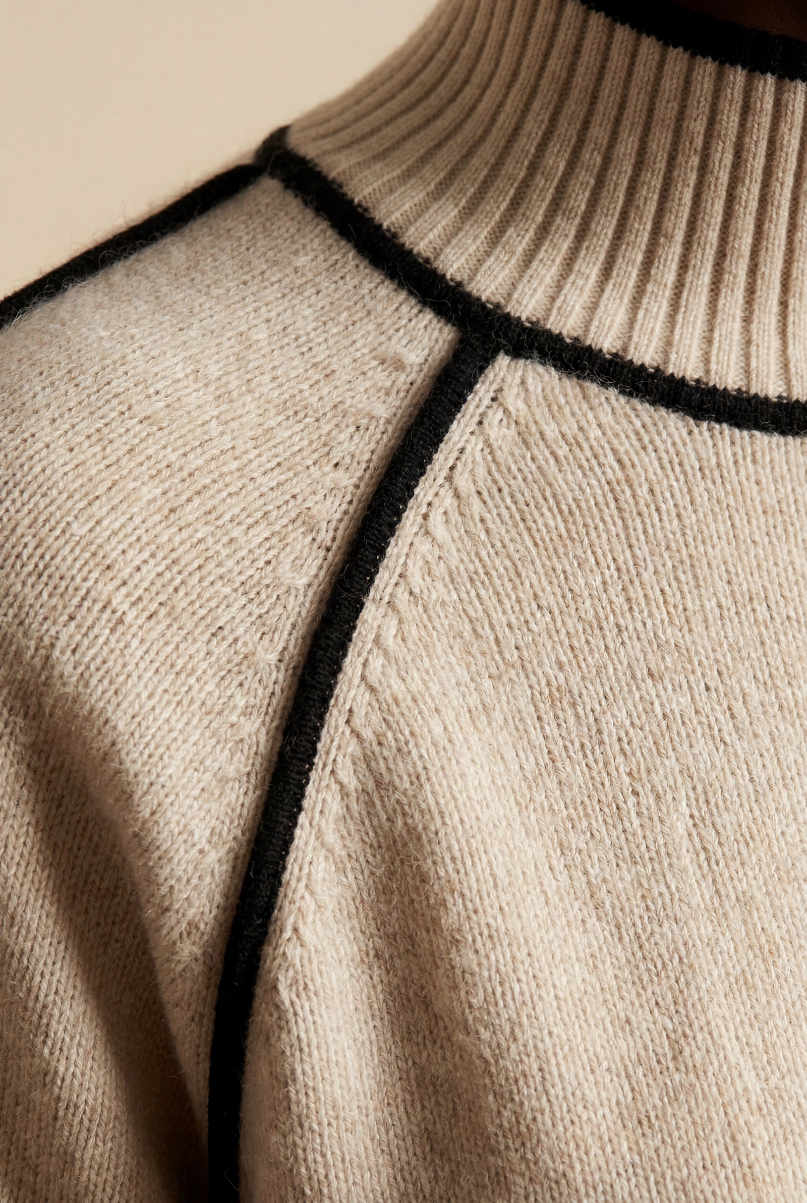 Beige Balloon Sleeve Oversized High Neck Sweater with Piping - Oversized sweater - Photo 9