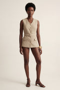 Beige Beige Belted Button Front Sleeveless Utility Vest Top - Utility tops - Photo 1
