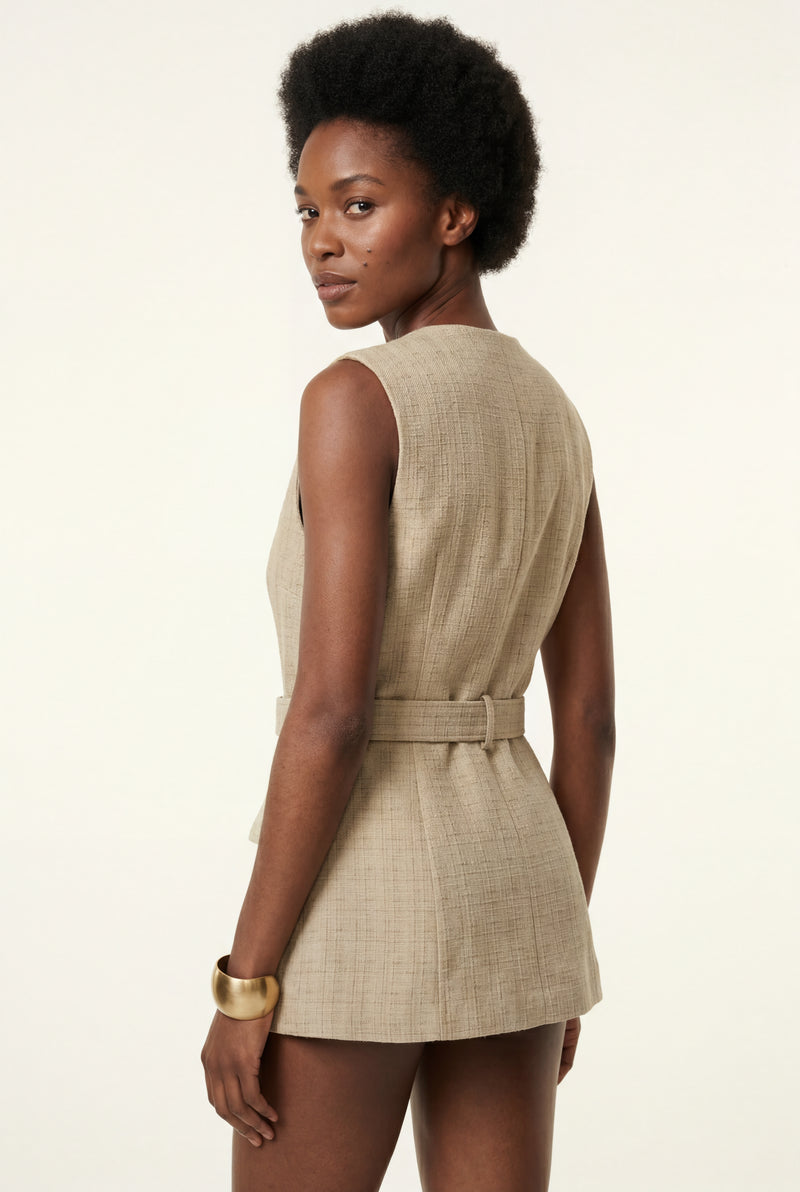 Beige Beige Belted Button Front Sleeveless Utility Vest Top - Utility tops - Photo 2