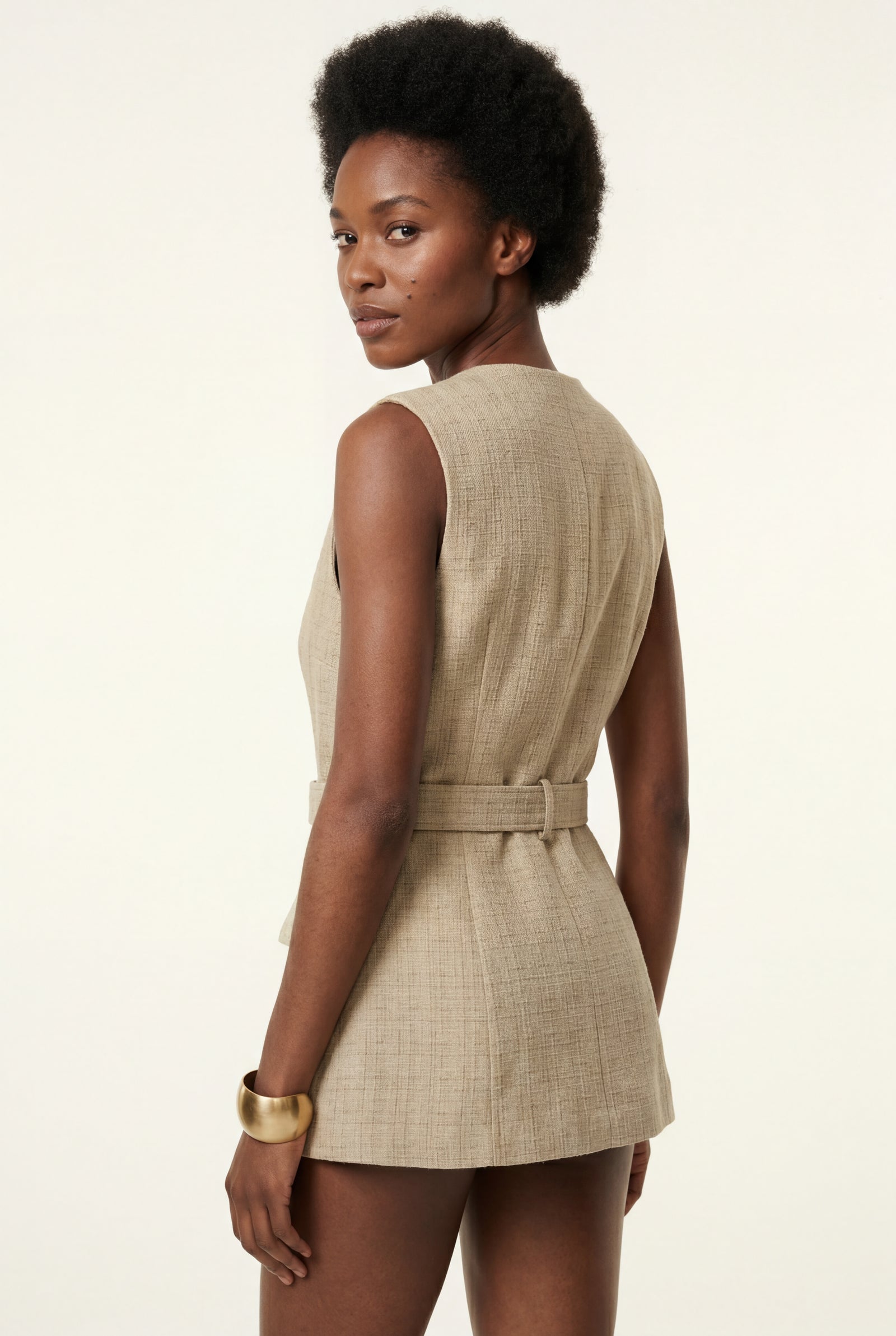 Beige Beige Belted Button Front Sleeveless Utility Vest Top - Utility tops - Photo 2