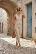 Beige Beige Tailored Sleeveless Vest and Wide-leg Suit Set - Trousers suit set - Photo 4