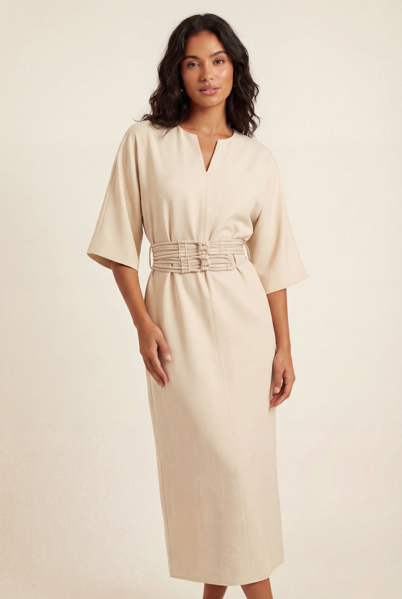 Beige Belted Bell Sleeve Midi Maxi Dress with Notched V-neck - Photo 1