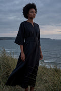 Black Belted Bell Sleeve Midi Maxi Dress with Notched V-neck - Photo 11