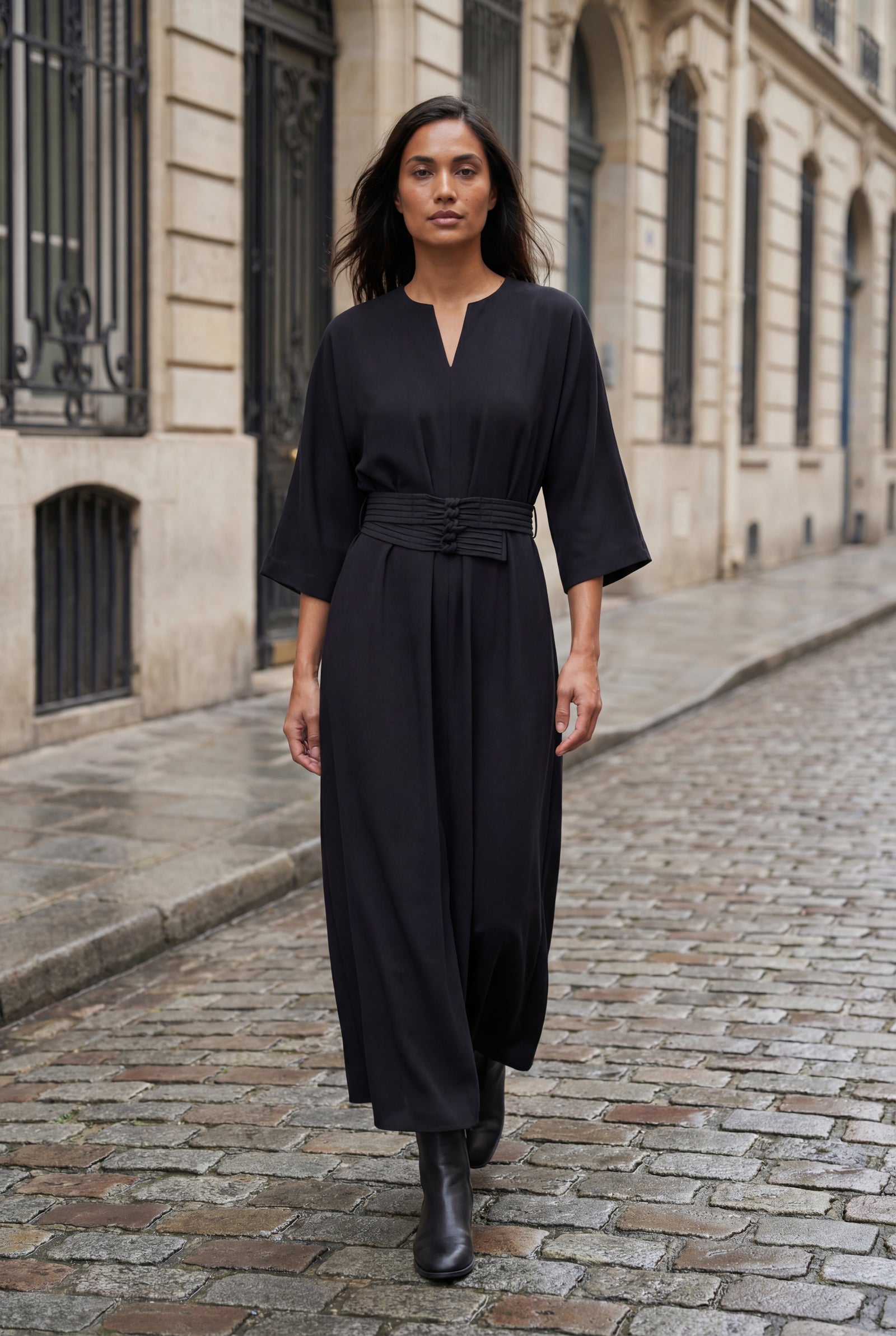 Black Belted Bell Sleeve Midi Maxi Dress with Notched V-neck - Photo 12