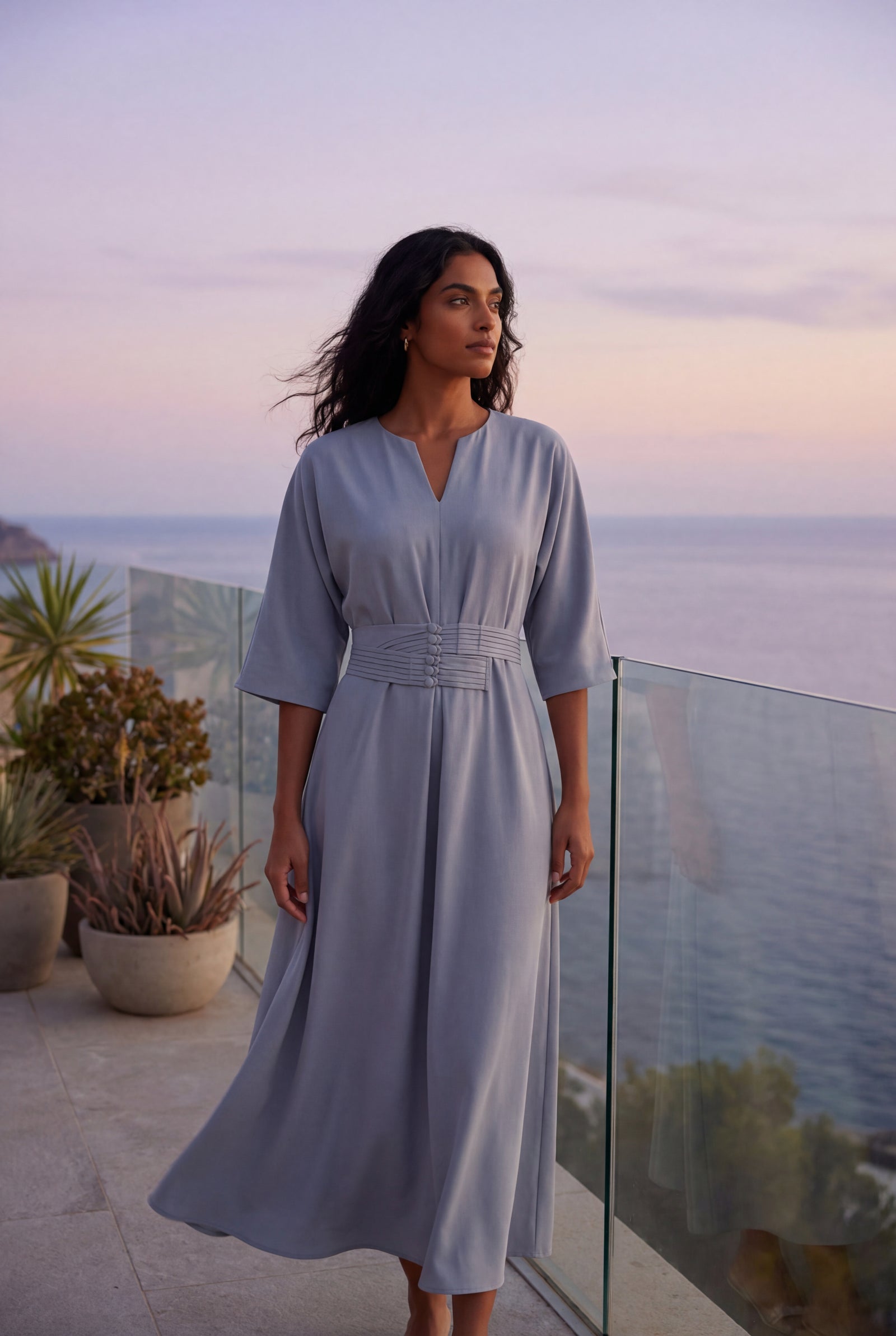 Blue Belted Bell Sleeve Midi Maxi Dress with Notched V-neck - Photo 14